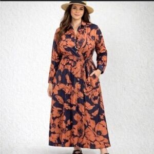 Pari Passu Tammy Reiss Floral Satin Maxi Shirt Dress‎ Belted Size 7 (22) NWOT